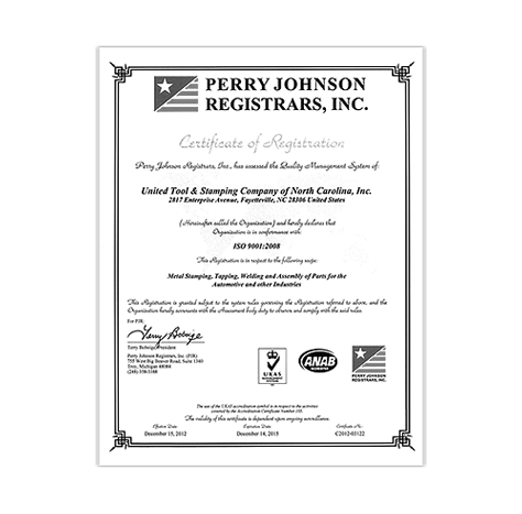 United Tool & Stamping Co. of North Carolina is an ISO 9001:2008 Certified Manufacturer of Metal Stampings